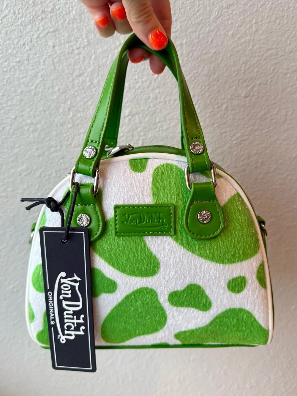 Von Dutch Green & White Cowhide Mini Satchel with Yellow Logo